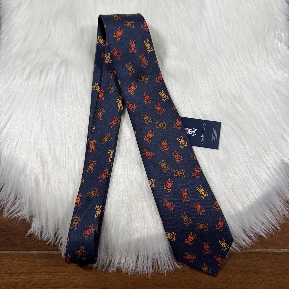 Psycho Bunny Men's Multicolor Blue Orange Brown Bunny Logo 100% Silk Necktie Tie